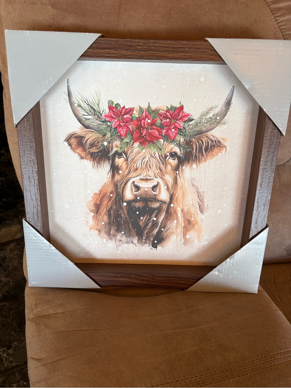 Framed Highland Cow Holiday Wall Art - Brown with Red Floral Wreath - Picture 6 of 6